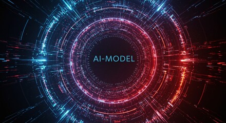 Fototapeta premium AI Model: A conceptual depiction of an AI model, showcased through an intricate digital tunnel of data, illuminated with a vibrant spectrum of blue and red hues.