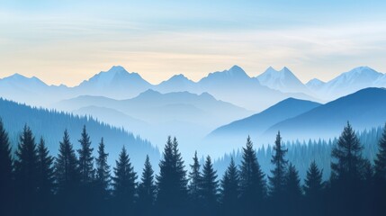 Naklejka premium Realistic vector landscape with majestic mountain silhouettes, dense pine trees, serene morning forest atmosphere. Perfect for hiking, travel, adventure, nature exploration, outdoor design concepts