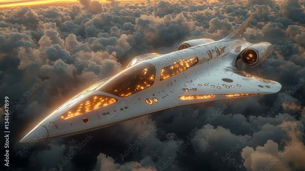 Poster a sleek spaceplane gliding above fluffy clouds as the sun sets, highlighting its futuristic design a