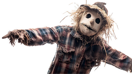 A creepy scarecrow with a plaid shirt stands arms outstretched