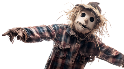 A creepy scarecrow with a plaid shirt stands arms outstretched