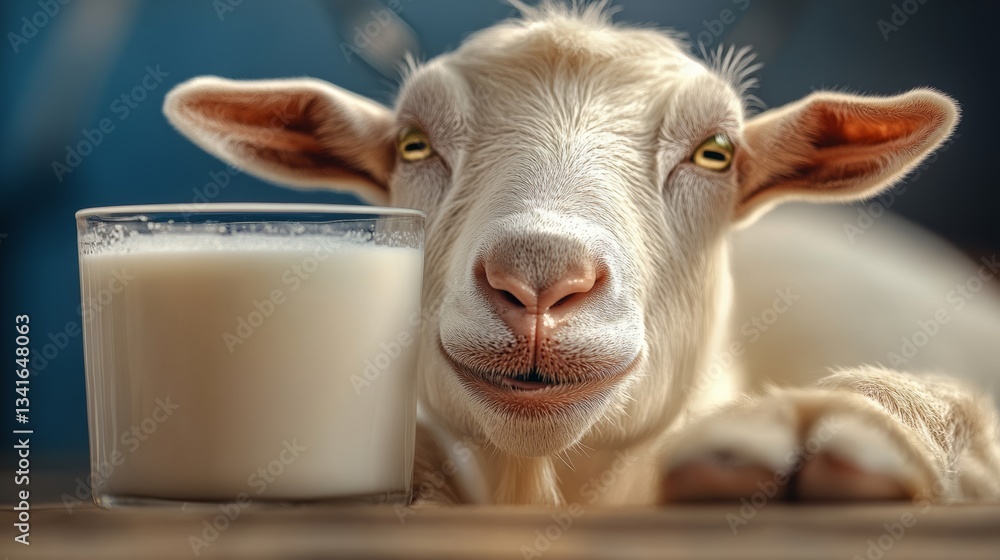 Poster goat is laying on a table with a glass of milk in front of it. the goat appears to be enjoying the m
