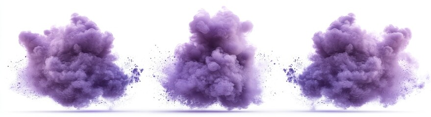 Fototapeta premium Trio of Purple Powder Explosions on White Backdrop with Dramatic Lighting and Detailed Texture Showcasing Cloudlike Shapes and Abstract Composition