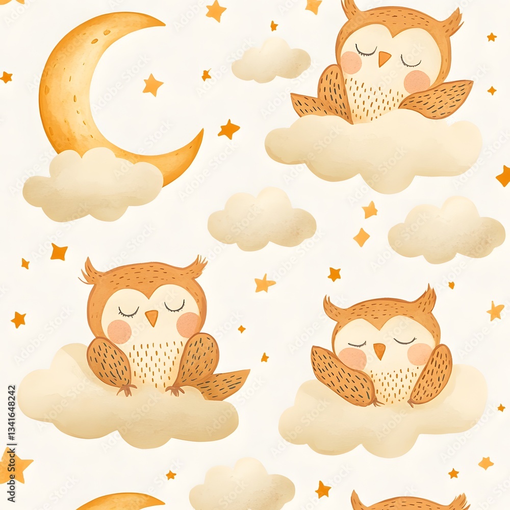 Poster a repeating pattern of sleepy little owls nestled in crescent moons and fluffy clouds.