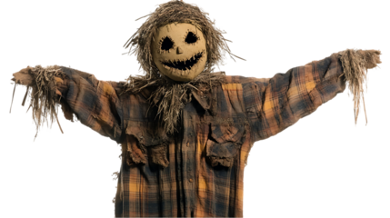 Creepy scarecrow with straw hair and plaid shirt