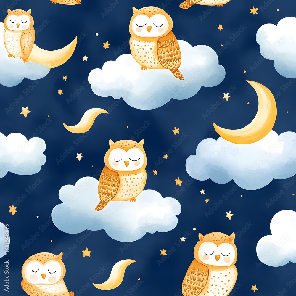 Poster a repeating pattern of sleepy little owls nestled in crescent moons and fluffy clouds.
