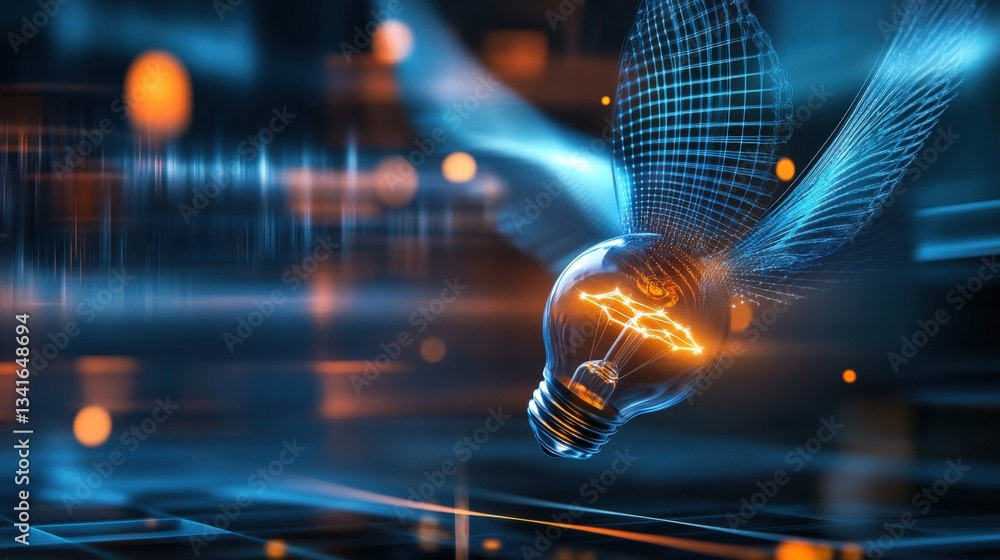 Poster dynamic lightbulb innovation digital space abstract art futuristic environment close-up view concept