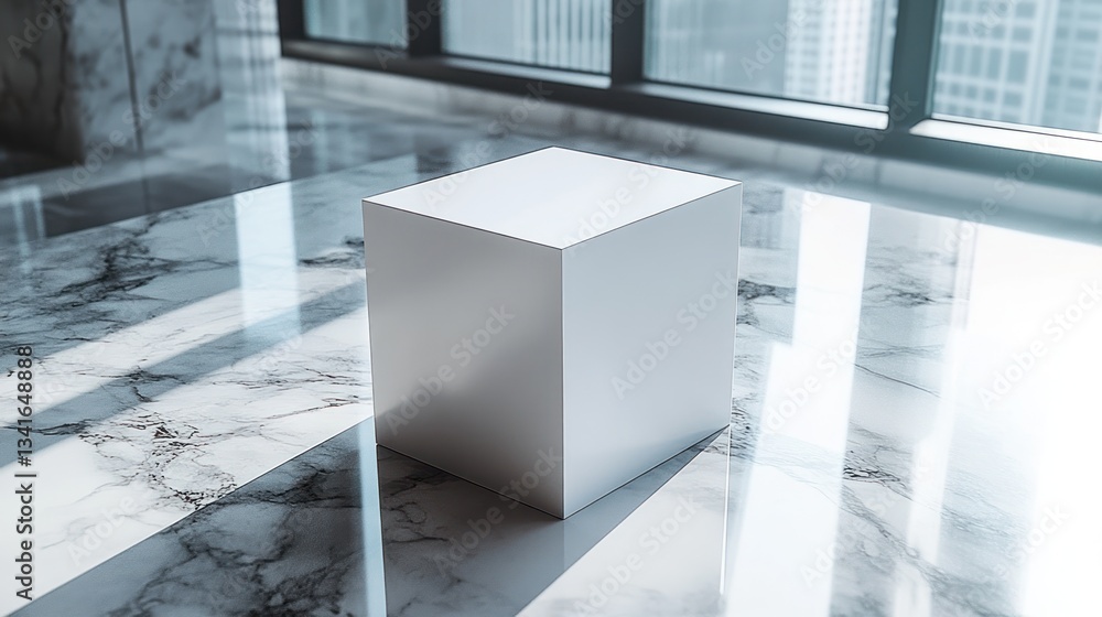 Poster empty white cube display on marble floor with city view