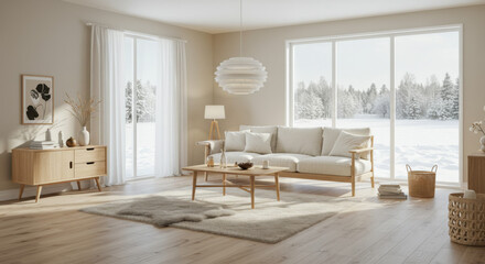 a Scandinavian style living room with light wood furniture and sheepskin rugs