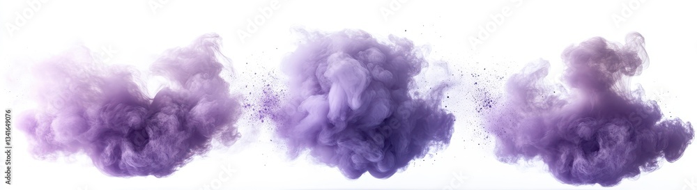 Poster abstract purple powder cloud explosion against white backdrop artistic texture dynamic motion and ma
