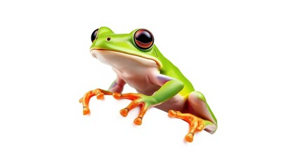 Fototapeta premium A vibrant green frog perched on a stark white background, picture, green frog