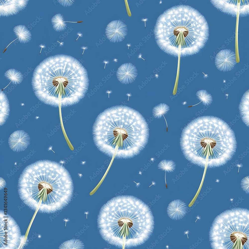 Poster a repeating pattern of dandelions with their seeds floating away on the wind.