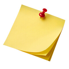 Yellow sticky post it note with red pushpin isolated on white background