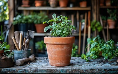 Potted oregano plant on rustic workbench, garden shed background