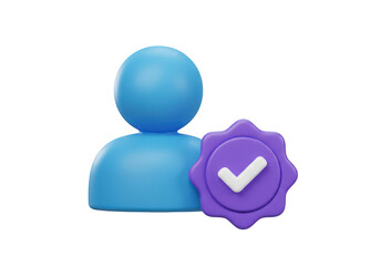 A 3D illustration of a stylized blue person icon purple verification badge with isolated on transparent background