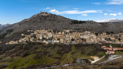 Aerial view of the historic center of Calascio, a small town in the province of L'Aquila, in Abruzzo, Italy.