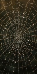 Fototapeta premium Intricate spiderweb glistening with morning dew, spiderweb, dew drops, pattern