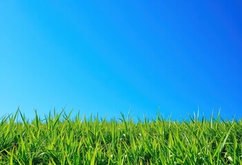 Fototapeta premium Lush green grass texture contrasts vibrant blue sky; ample blank copyspace, texture, meadow