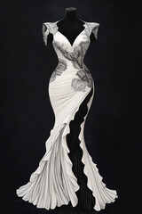Sleek and elegant white dress with intricate black and white design