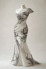 Sleek and elegant white dress with intricate black and white design