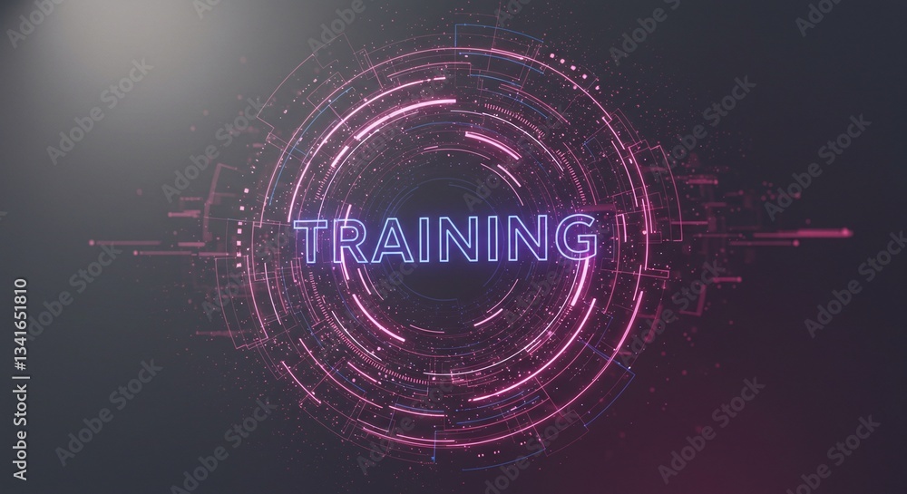 Poster digital training: a vibrant, neon-lit digital display spelling out 