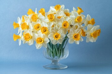 Beautiful Arrangement of Daffodils in Clear Glass Vase Against Soft Blue Background
