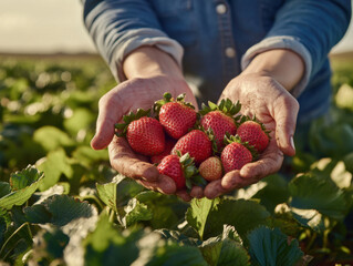 Close-up of hands holding fresh, juicy strawberries in a field. The background is blurred, showing a farmer - young woman wearing a casual shirt. The focus is on the detailed texture of the strawberri