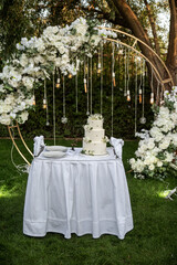 Wedding table with white cake outdoors and flower arch