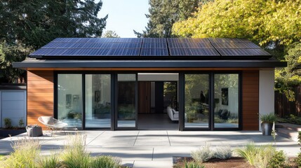Sustainable solar home design modern suburban neighborhood architectural photography green living front view eco-friendly concept