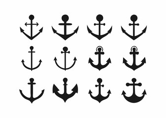 A set of various black anchor silhouettes on a white background.