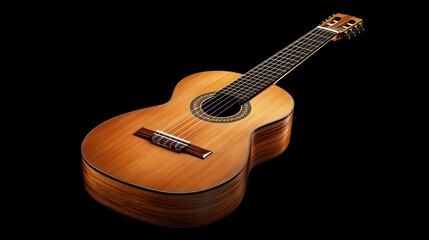 A classical nylon-string guitar with a rich wooden texture and rosette detailing, isolated on a black background.