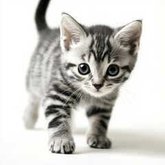 Obraz premium Playful gray tabby kitten exploring a bright, minimalistic indoor space with soft lighting