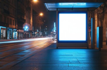 Fototapeta premium A modern bus stop shelter at night in an urban setting, featuring a large blank billboard illuminated by soft blue lights, surrounded by bare trees and city lights