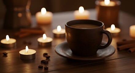 Coffee Cup and Candles Create Cozy Atmosphere on Wooden Table