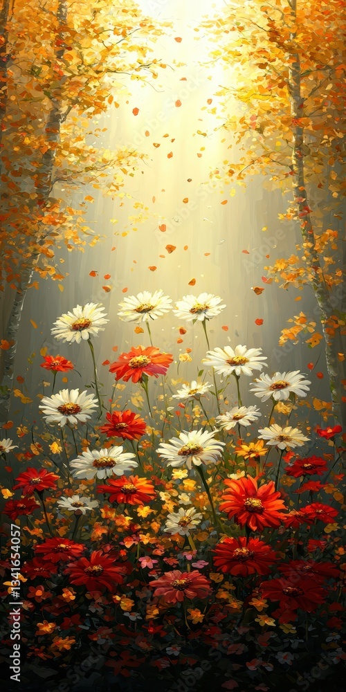 Poster a vibrant scene of colorful flowers illuminated by sunlight filtering through autumn trees, creating