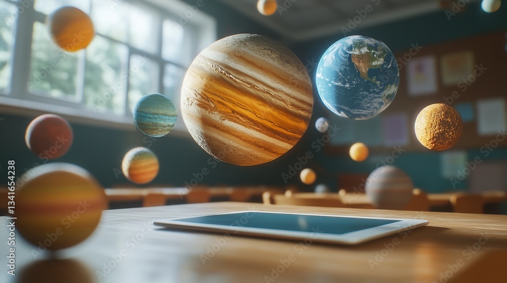Poster planets hovering over tablet in classroom with natural lighting and blurred background planets model