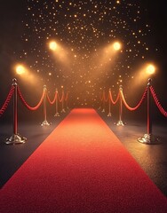 A glamorous red carpet event with a long red carpet leading to a dark background, flanked by gold stanchions with red velvet ropes