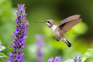 Fototapeta premium Hummingbird in flight near lavender flowers