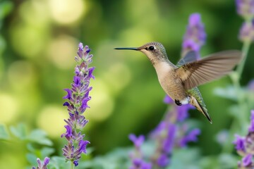 Naklejka premium Hummingbird in flight near purple flowers in garden