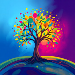 Wallpaper design a bright, vibrant tree of life illustration in abstract art style, creating a lively and energetic abstract background scene art illustration design