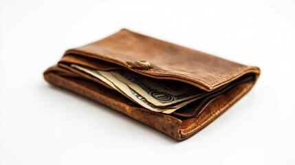 Brown leather wallet with us dollar bills inside vintage style old cash fold rich money wealth design