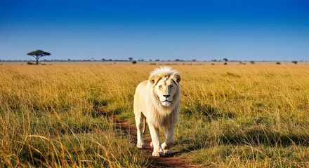 Obraz premium A white lion walking gracefully through the grasslands, a rare sight
