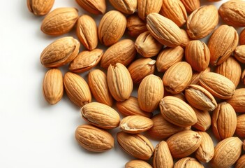 Fototapeta premium Close-up of shelled almonds on white backdrop, nuts, healthy lifestyle