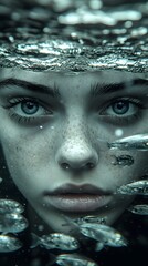 Submerged Serenity: A captivating portrait of a woman with striking blue eyes and freckled skin submerged underwater, surrounded by bubbles and the ethereal dance of fish.