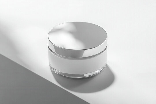 Crema in contenitore bianco con coperchio argentato su superficie bianca con luci e ombre naturali, mockup