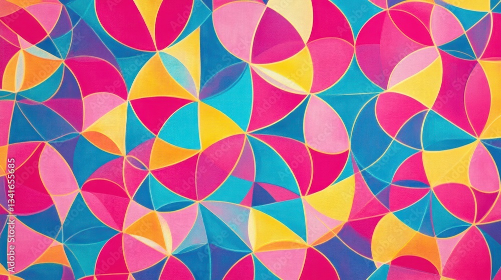 Poster a colorful geometric pattern with concentric circles and interwoven triangles in vibrant shades of p