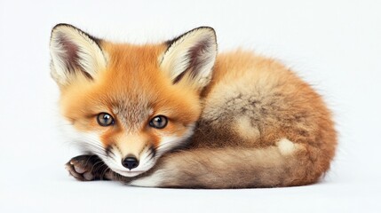 Obraz premium Baby fox cuddled in cozy pose forest clearing animal photography natural habitat close-up adorable wildlife moment