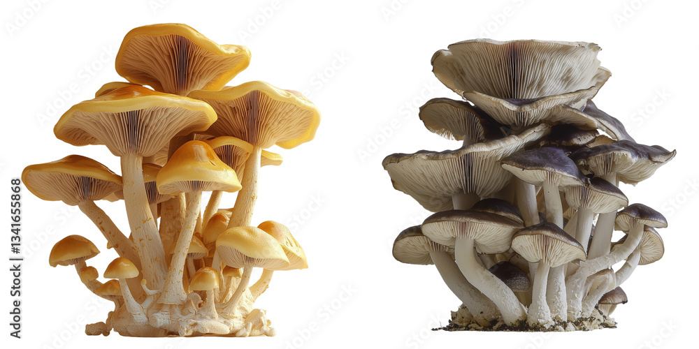Poster Stock has been utilized to create an image of a pile of fresh champignon mushrooms standing out against a transparent background