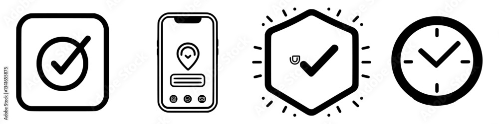 Poster checkmarks representing various digital verification processes including location and time tracking 