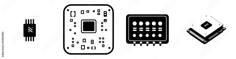 Poster various types of computer chips and circuits displayed in a clean layout, showcasing modern technolo